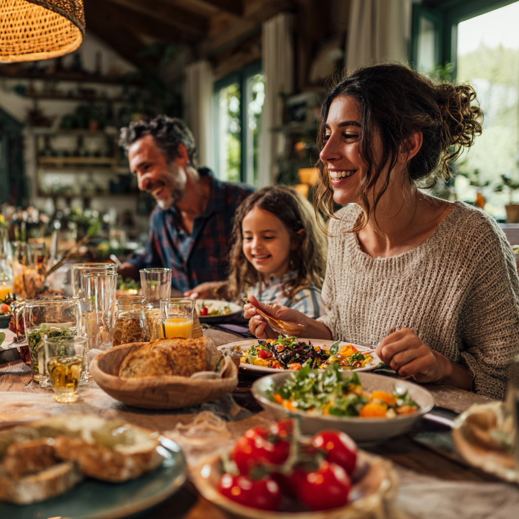 Smiling Romanian family enjoying a healthy meal together at a beautifully set dining table