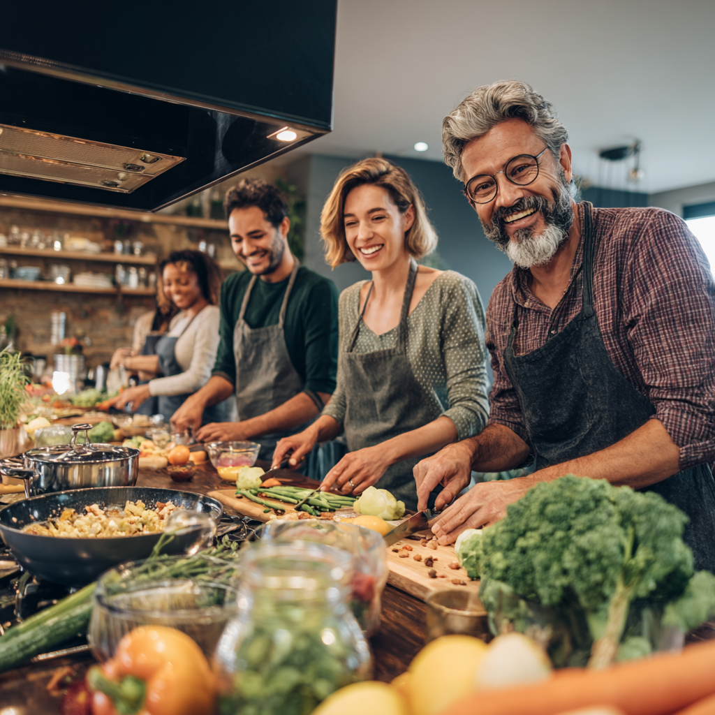 Peaceful Romanian woman in her 40s meditating in a bright kitchen surrounded by fresh vegetables and herbs